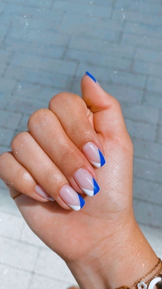 Blue and white French diagonal tips