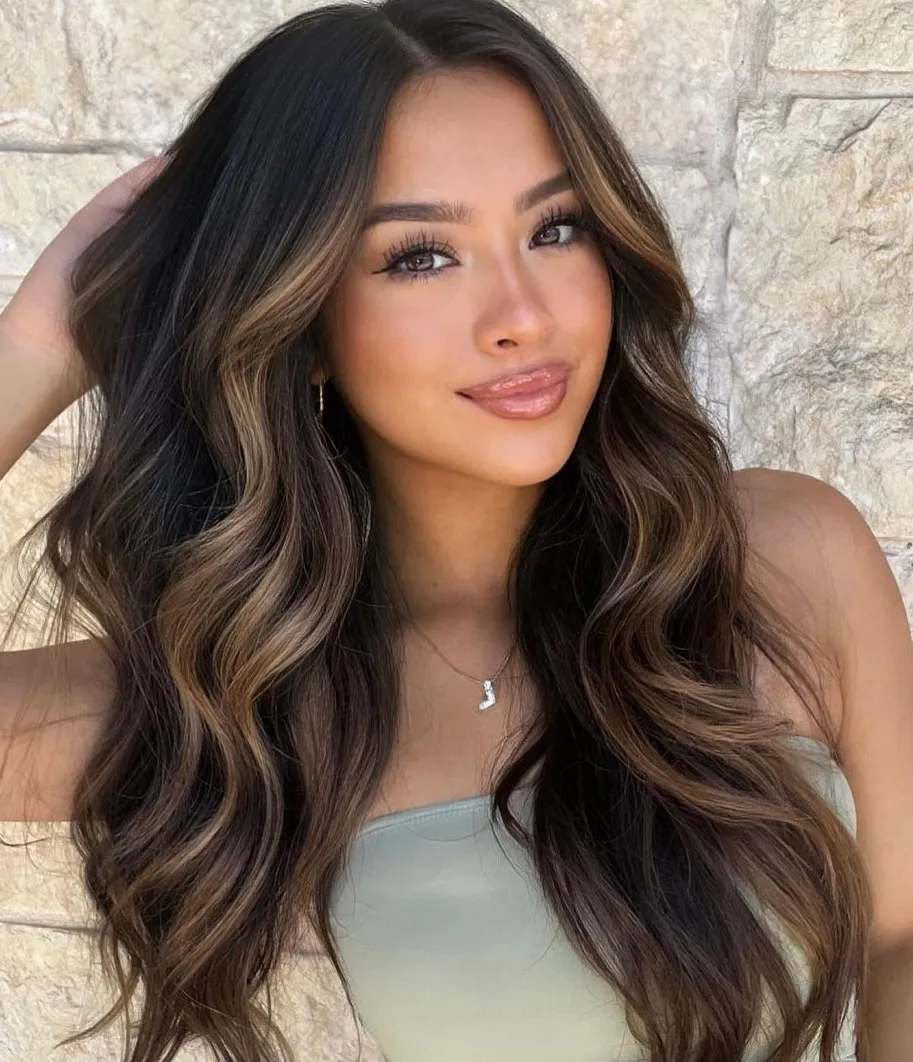 Deep Caramel Highlights on Black-Brown Hair