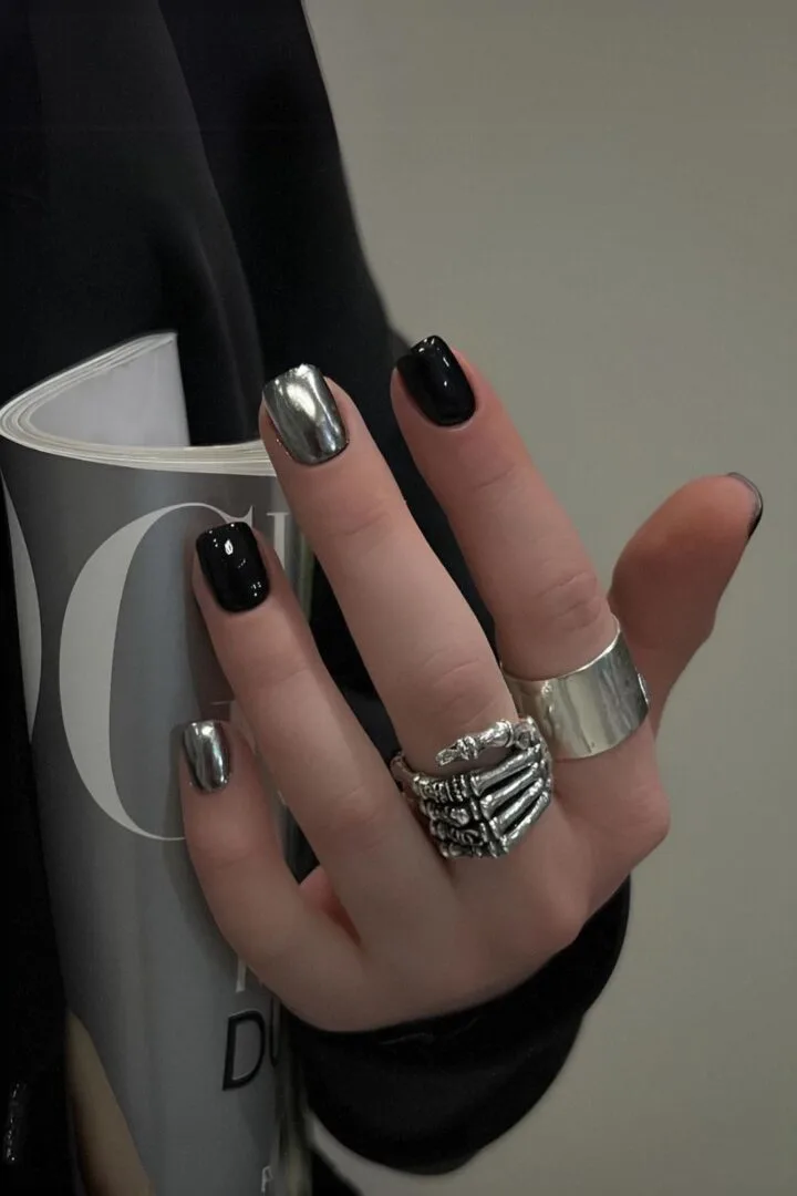 Black with Metallic Tips nails