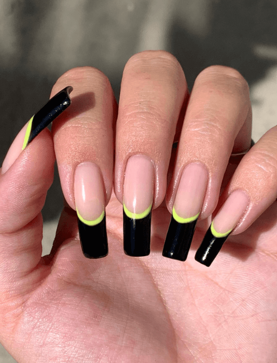 Black with green Neon Colors nails