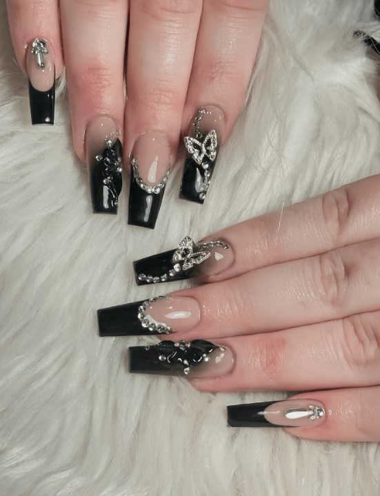 Black with Rhinestones nails