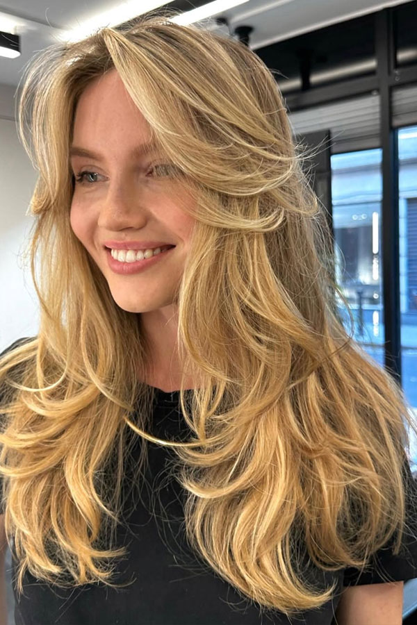 Feathered Curtain Bangs with Long Layers