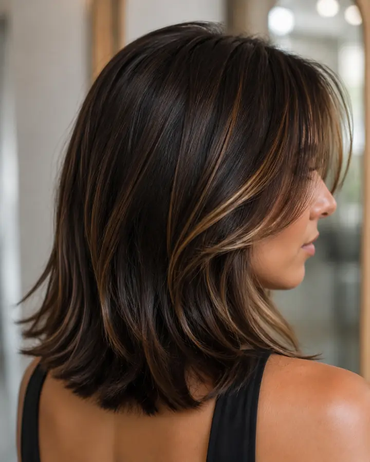 Honey face-framing highlights on brunette hair