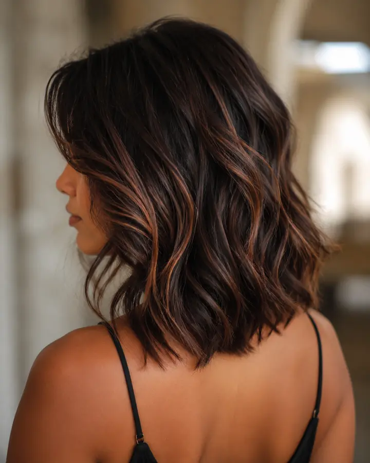 Dark chocolate brunette hair with auburn ribbons