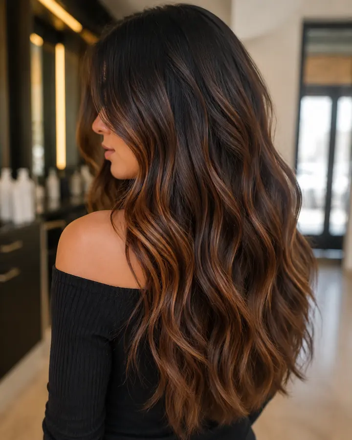 Subtle copper balayage on brunette hair