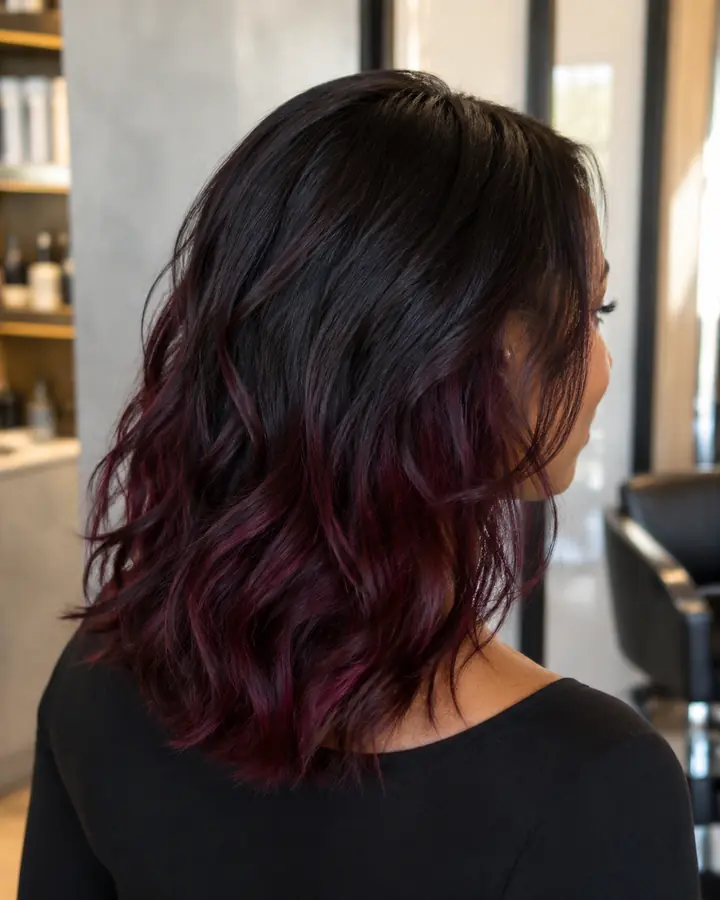 Burgundy peekaboo color on brunette hair