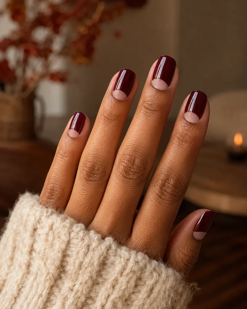 Half-moon burgundy fall nails