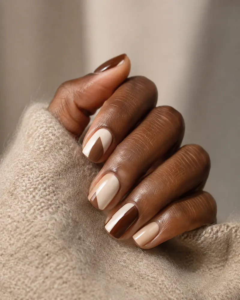 Cream and cocoa color-block fall nails
