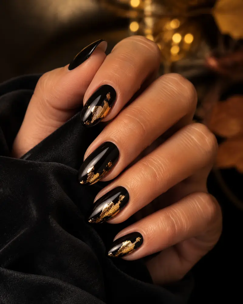 Glossy black and gold fall nails